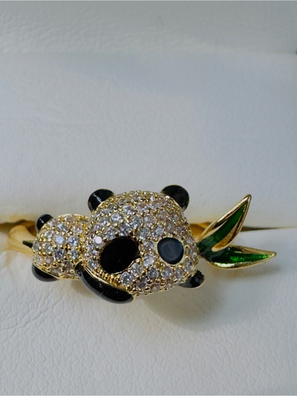 Gold-Tone Crystal Panda Ring with Green Enamel Bamboo - Women Jewelry